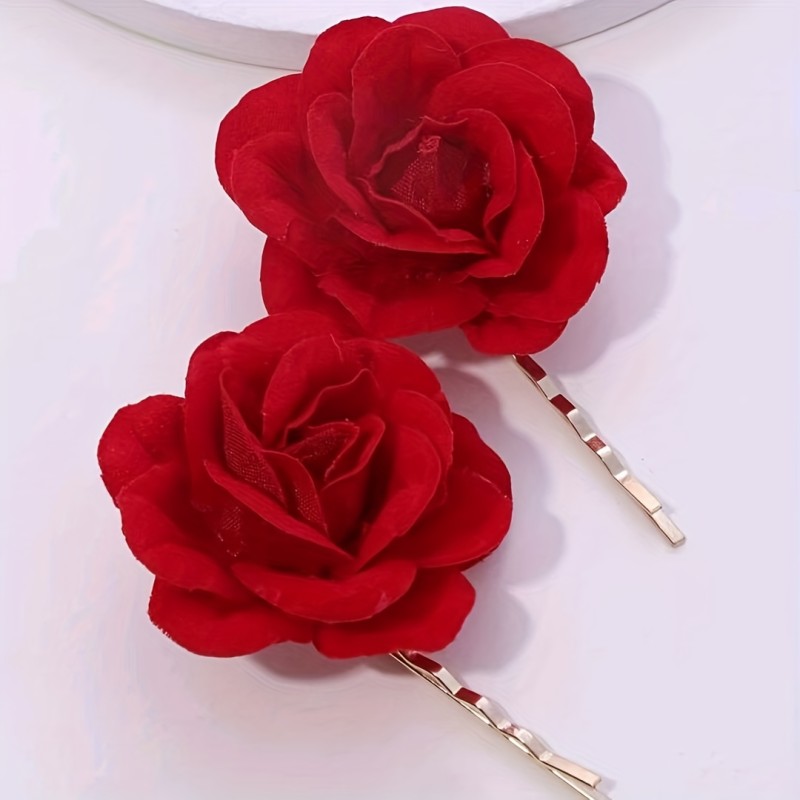 2pcs Velvet Rose Hair Clips - Elegant Red Flower Hairpins with Green Leaves & Golden Metal Band for Bridal & Formal Hairstyles, Formal Event Style | Elegant Hair Accessory | Velvet Rose Clip, Hair Accessories