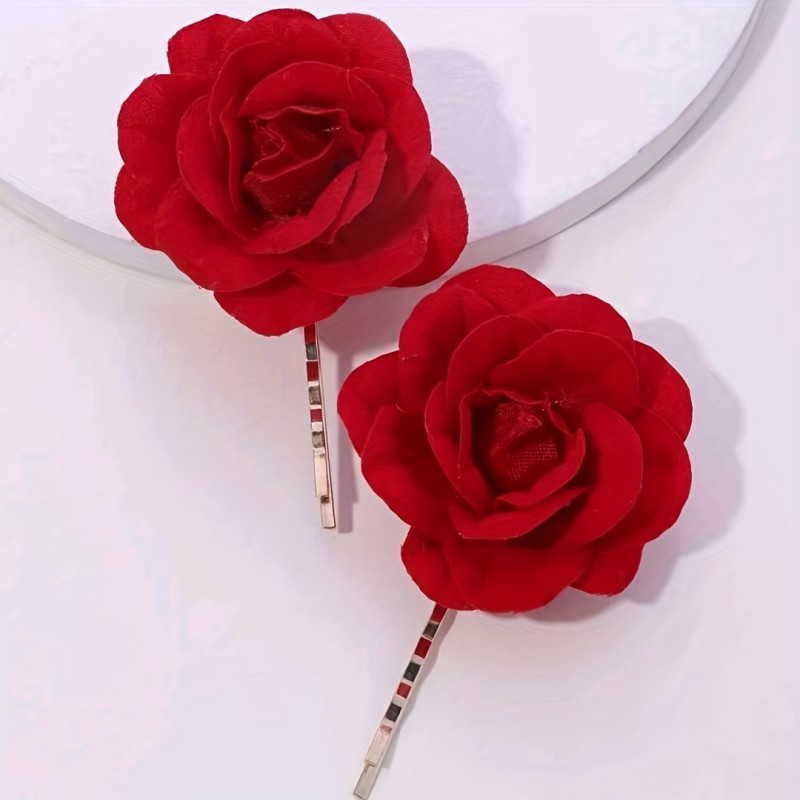 2pcs Velvet Rose Hair Clips - Elegant Red Flower Hairpins with Green Leaves & Golden Metal Band for Bridal & Formal Hairstyles, Formal Event Style | Elegant Hair Accessory | Velvet Rose Clip, Hair Accessories