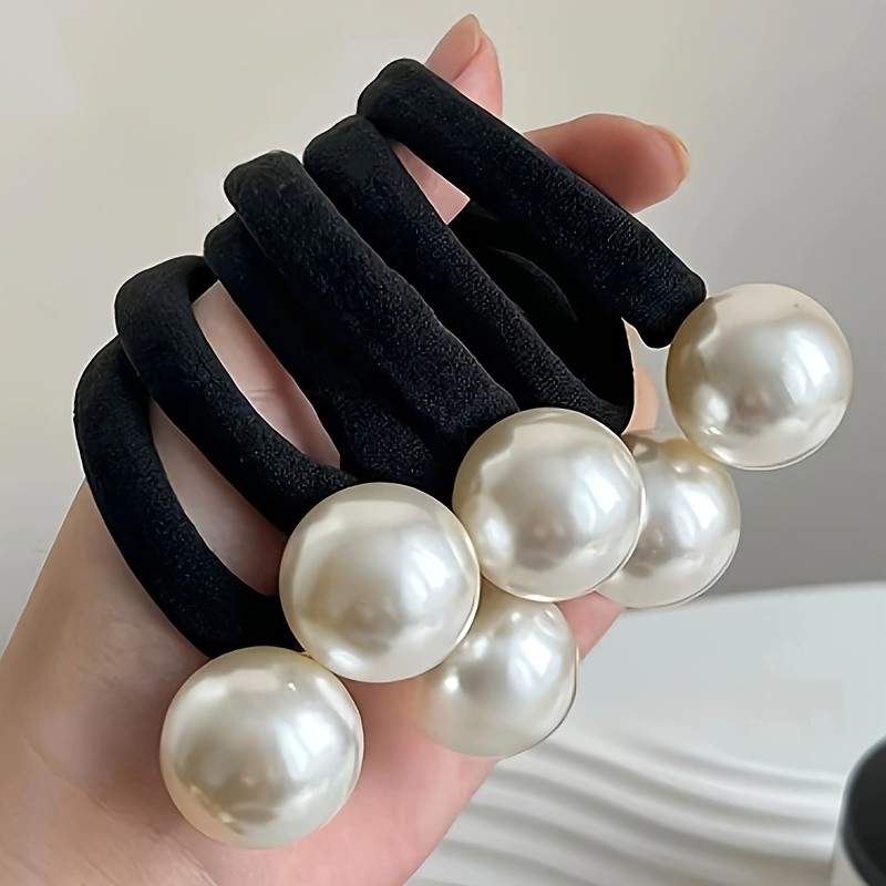 6pcs Elegant Faux Pearl Hair Ties - High Elasticity, Chic & Simple Ponytail Holders in Black & White - Ideal for St. Patrick's Day & Everyday Elegance