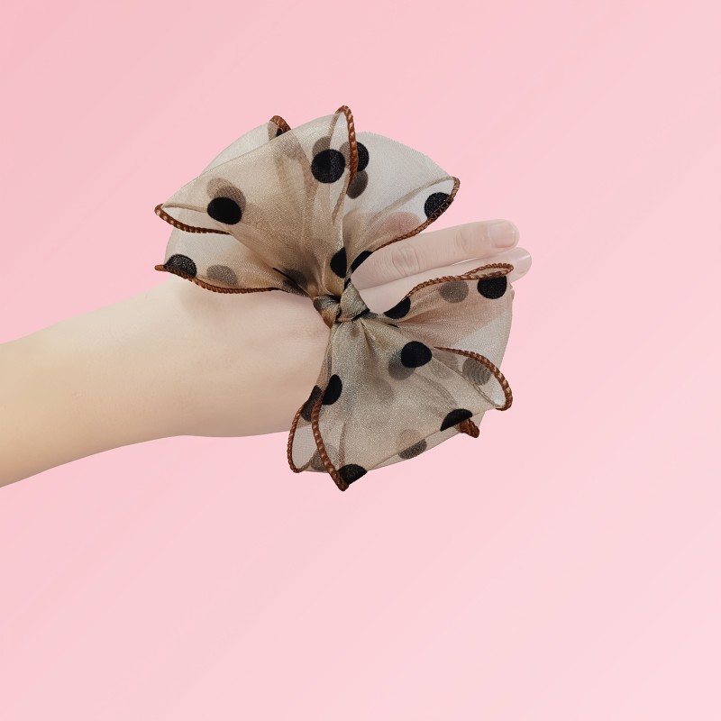 Elegant Polka Dot Hair Tie with Organza Butterfly Bow, Sweet Fresh Bun Accessory