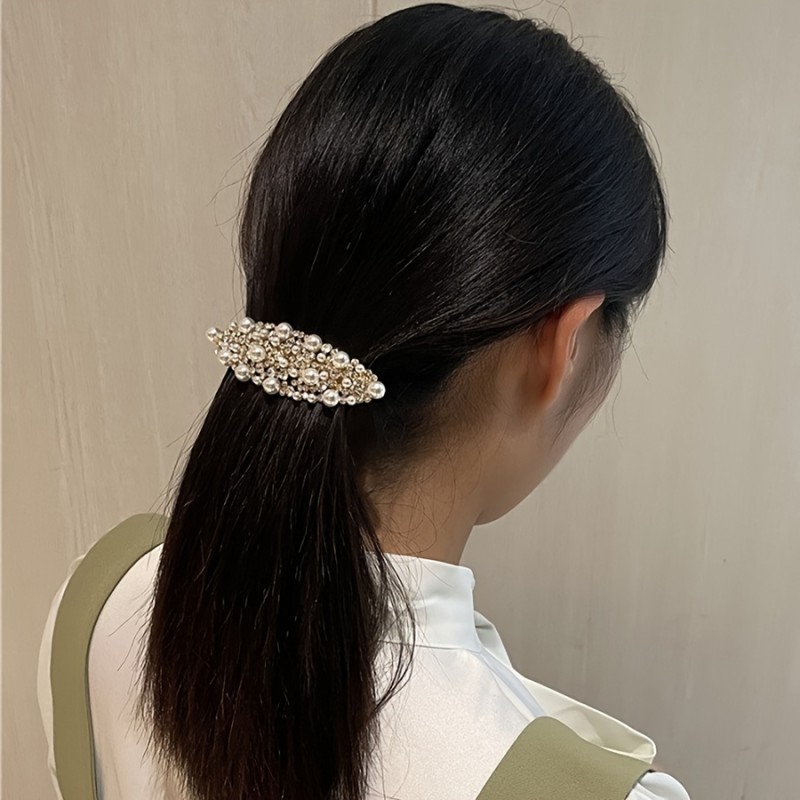 Elegant Faux Pearl & Rhinestone Hair Clip - Alloy, Rectangular Spring Barrette for Women and Girls
