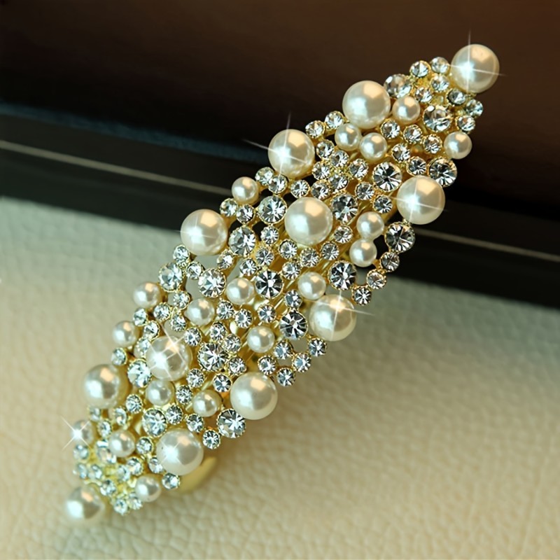 Elegant Faux Pearl & Rhinestone Hair Clip - Alloy, Rectangular Spring Barrette for Women and Girls