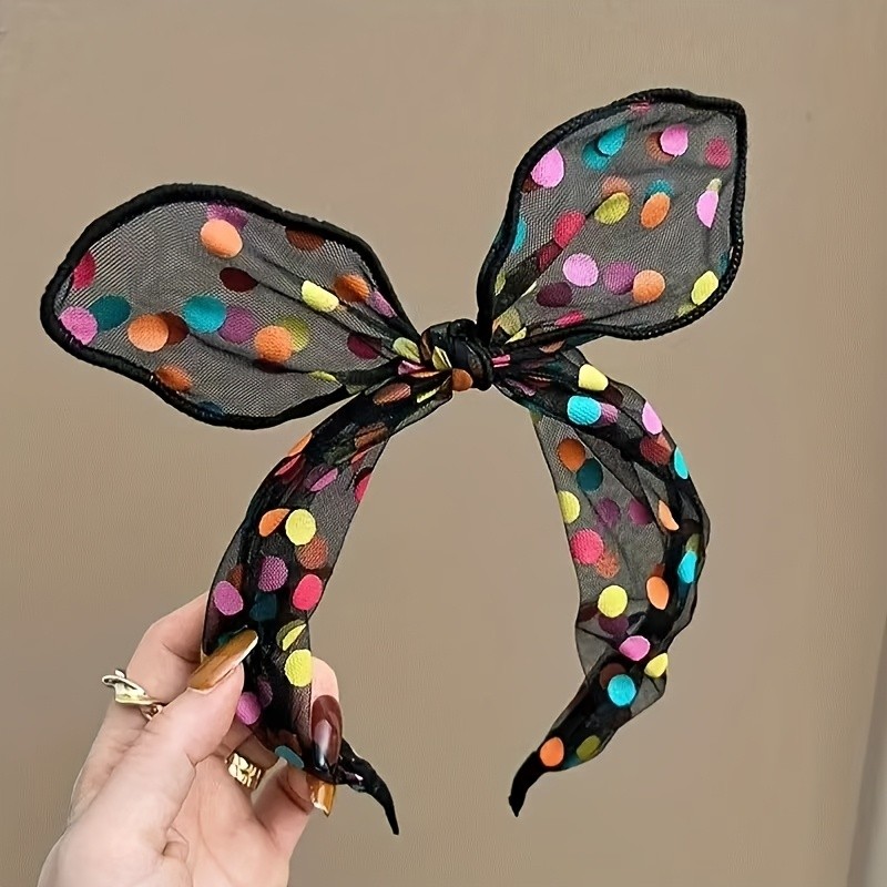 Elegant French Satin Rose Headband - Retro High-End Feel Ponytail Hair Accessory with Colorful Polka Dot Fabric, Black Netting, and Sparkling Rhinestones, Perfect for Formal Events and Elegant Hairstyles, Formal Headwear | Elegant Headband | Satin Finish