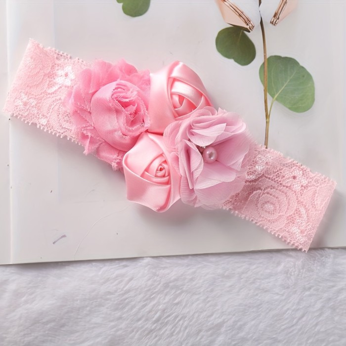 Girls Headband, Newborn Rose Elastic Hair Band, Chiffon Flower Rhinestone Lace Headbands - For Girls - Suitable for Birthdays, Parties & Everyday Wear - Perfect Gift for Little Princesses