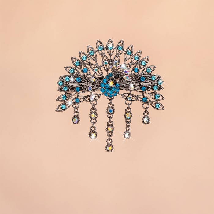 Vintage Peacock Hair Clip with Tassel - Large Alloy Spring Barrette for Women, Perfect for Work, Parties & Casual Outings, Dark, Versatile, Hair Accessories