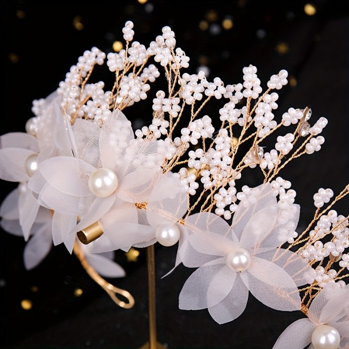Handcrafted Pearl 3-Piece Set - French Princess Flower Headbands and Earring Set for Normal Hair Type - Alloy Material Non-textile Crafted Floral Wedding Headpieces
