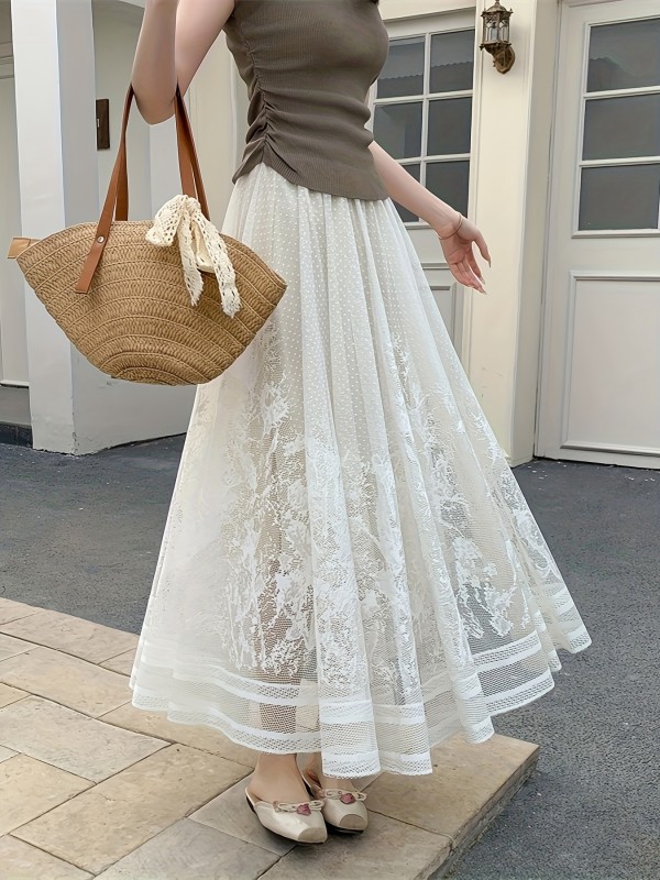 Elegant High-Lace Floral Patchwork Midi Skirt with Tassel Detail - Off-Shoulder, Flared Hem, Polyester, Perfect for Spring\u002FSummer\u002FFall, Off-Shoulder Dressy A-Line Skirt