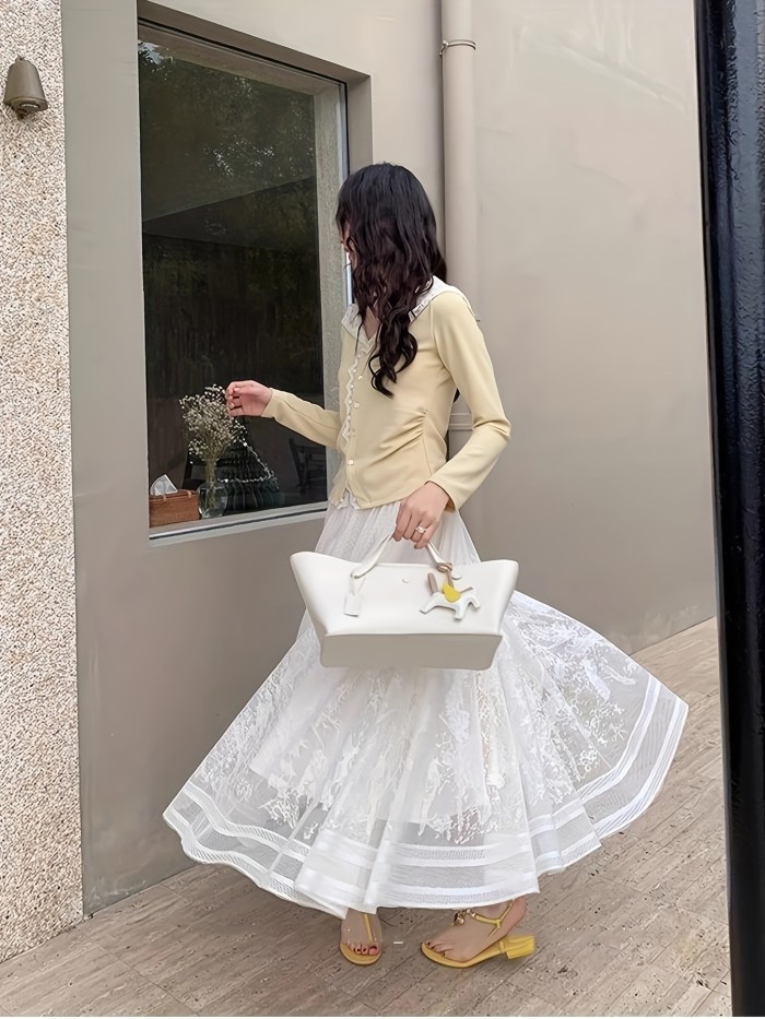 Elegant High-Lace Floral Patchwork Midi Skirt with Tassel Detail - Off-Shoulder, Flared Hem, Polyester, Perfect for Spring\u002FSummer\u002FFall, Off-Shoulder Dressy A-Line Skirt