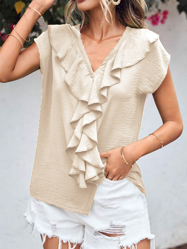 Ruffle Trim Solid Color Batwing Sleeves Loose V-Neck Blouses&Shirts Tops