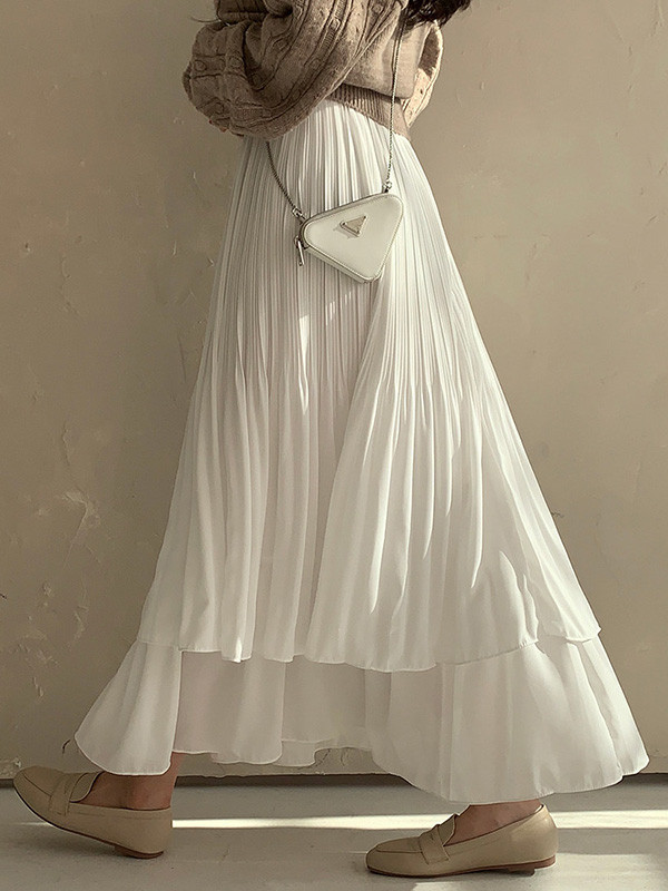 Double Layered Pleated Solid Color A-Line Loose Skirts Bottoms