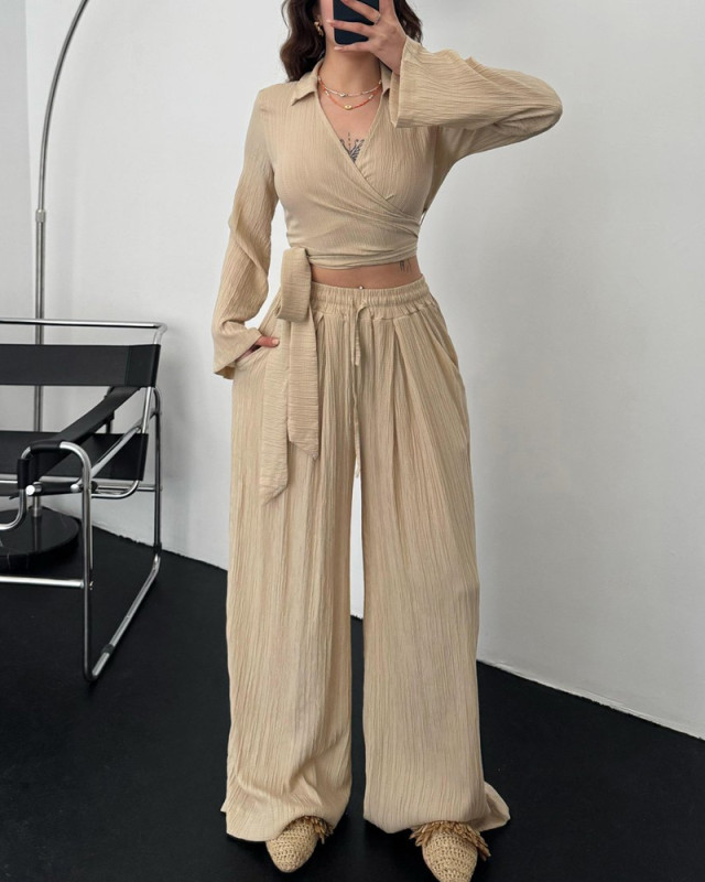 Casual Sauersucker Lace-Up Top & Pants Two-Piece Set