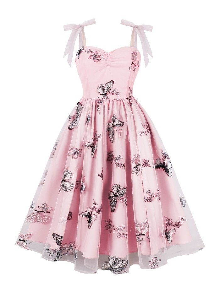 Elegant French-Inspired Pink Tulle Dress with Embroidered Butterfly Detail, Knee-Length, Sleeveless with Bow Tie Waist - Polyester & Spandex Blend, Machine Washable