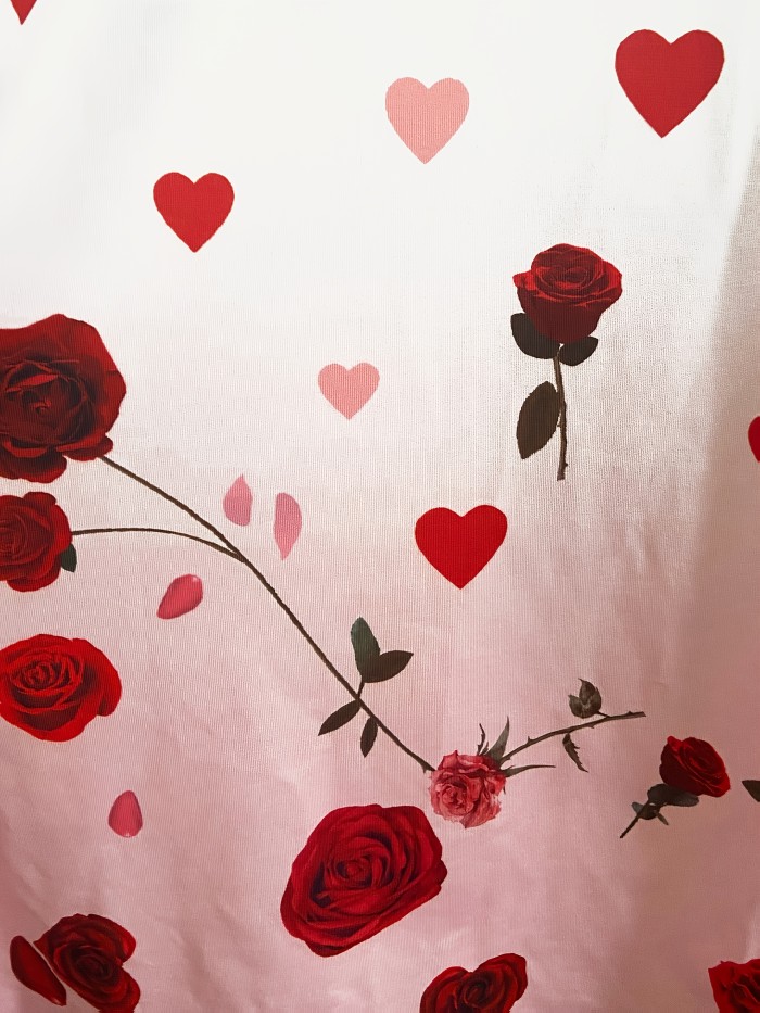 Elegant Vintage Heart and Rose Print Dress for Women with Lace Detail, Puff Sleeves, and Sweetheart Neckline - Ideal for Valentine's Day and Parties, Floral Print Dress