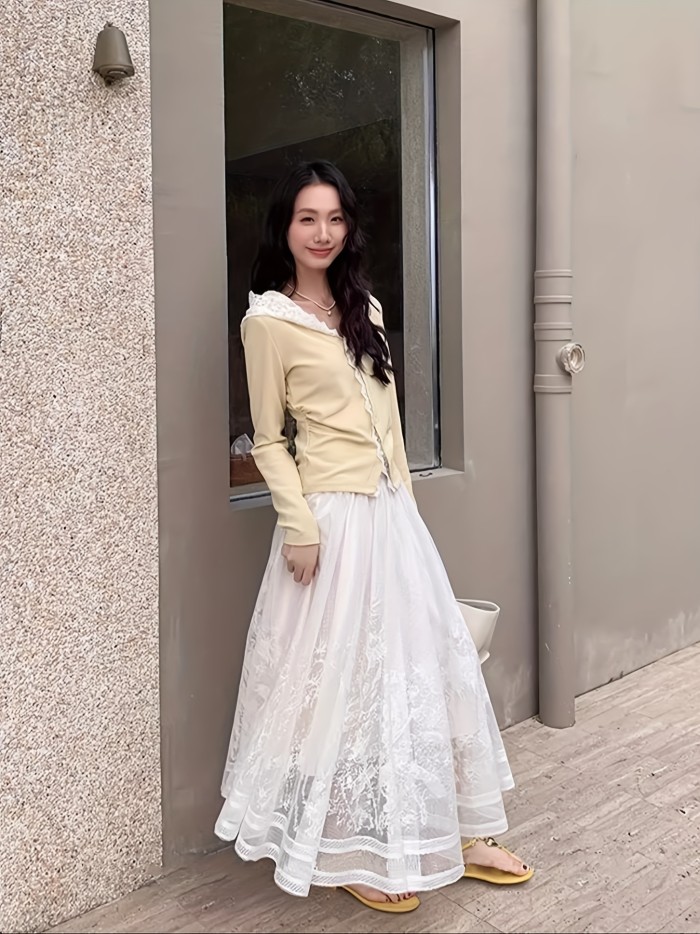 Elegant High-Lace Floral Patchwork Midi Skirt with Tassel Detail - Off-Shoulder, Flared Hem, Polyester, Perfect for Spring\u002FSummer\u002FFall, Off-Shoulder Dressy A-Line Skirt