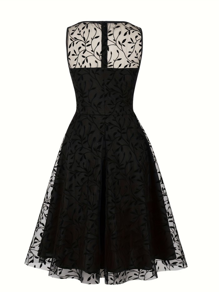 1pc Vintage Style Women'S Sleeveless Round Neck Floral Lace Swing Dress - Embroidered A-Line Mid-Length Polyester & Spandex Summer Party Dress