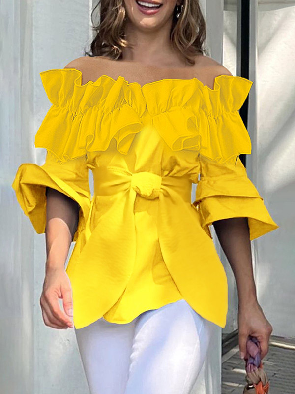 Pleated Ruffled Solid Color Split-Joint Tiered Loose Off-the-shoulder Blouses&shirts Tops