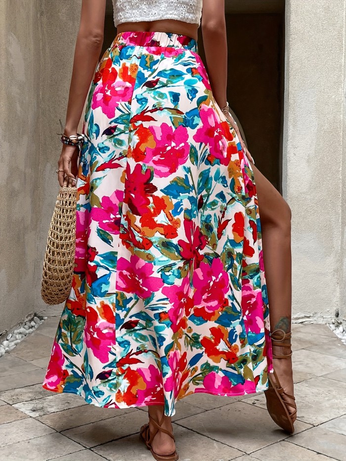 Women's Vibrant Tropical Floral Print High-Waisted Maxi Skirt with Front Slit - Casual Summer Skirt, Machine Washable Polyester, Lightweight & Flowy Design