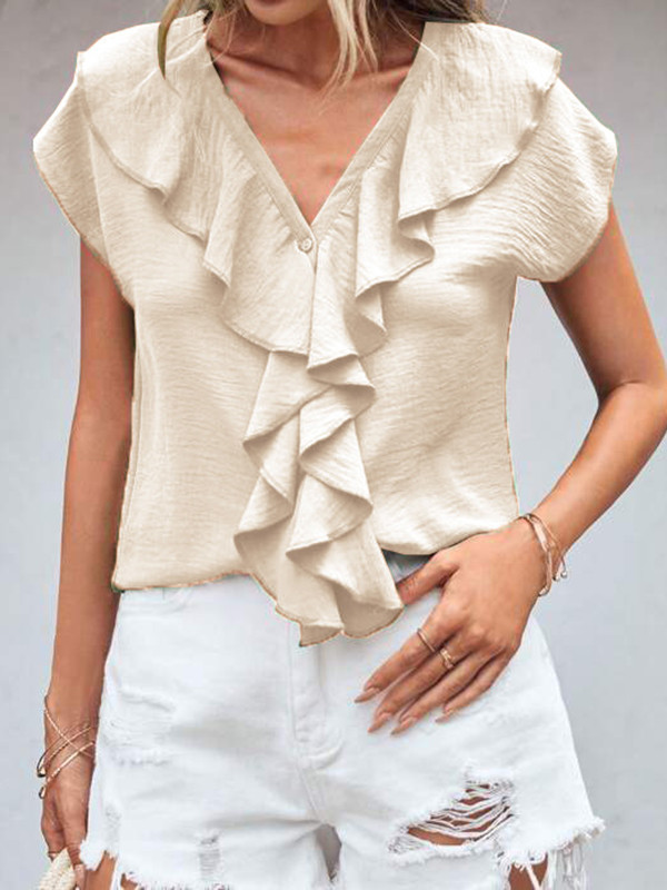 Ruffle Trim Solid Color Batwing Sleeves Loose V-Neck Blouses&Shirts Tops
