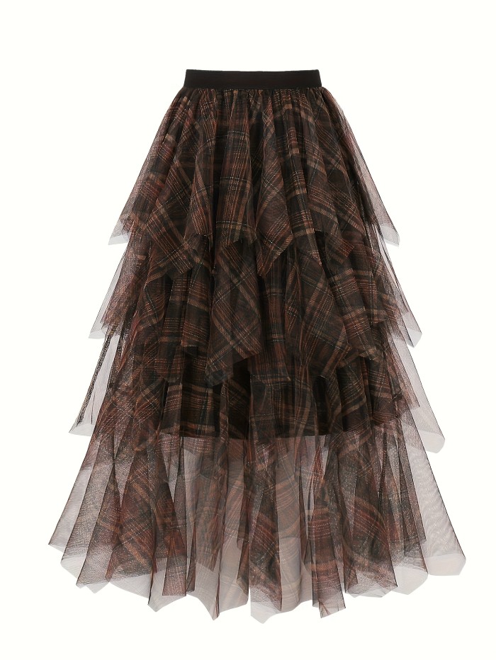 Elegant Asymmetrical Plaid Tulle Skirt - Mid-Length Layered Tiered Skirt for Women, Dark Brown & Black Polyester Blend, Hand Wash or Dry Clean, All-Season Versatile Fashion