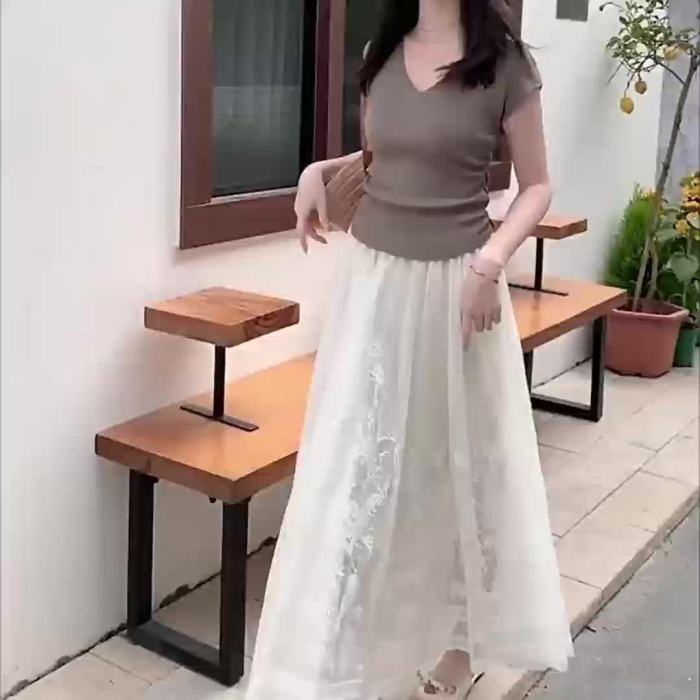 Elegant High-Lace Floral Patchwork Midi Skirt with Tassel Detail - Off-Shoulder, Flared Hem, Polyester, Perfect for Spring\u002FSummer\u002FFall, Off-Shoulder Dressy A-Line Skirt