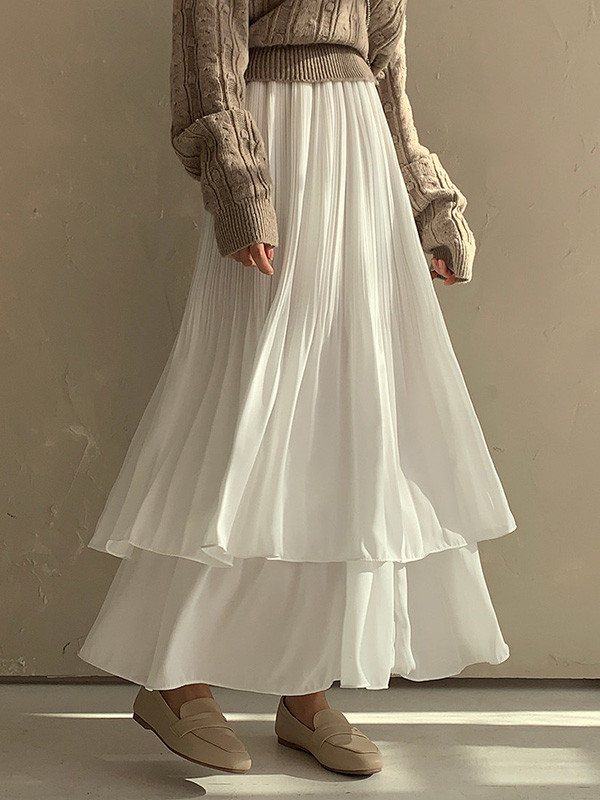 Double Layered Pleated Solid Color A-Line Loose Skirts Bottoms
