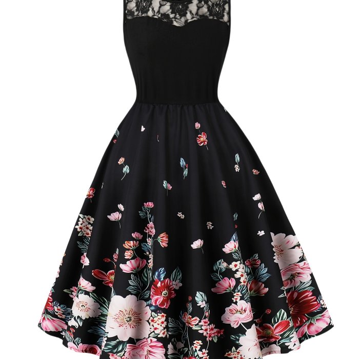 Print Dress with Lace Detail - Sleeveless, Elastic Waist, Casual Party Style for Women, Lace Dress