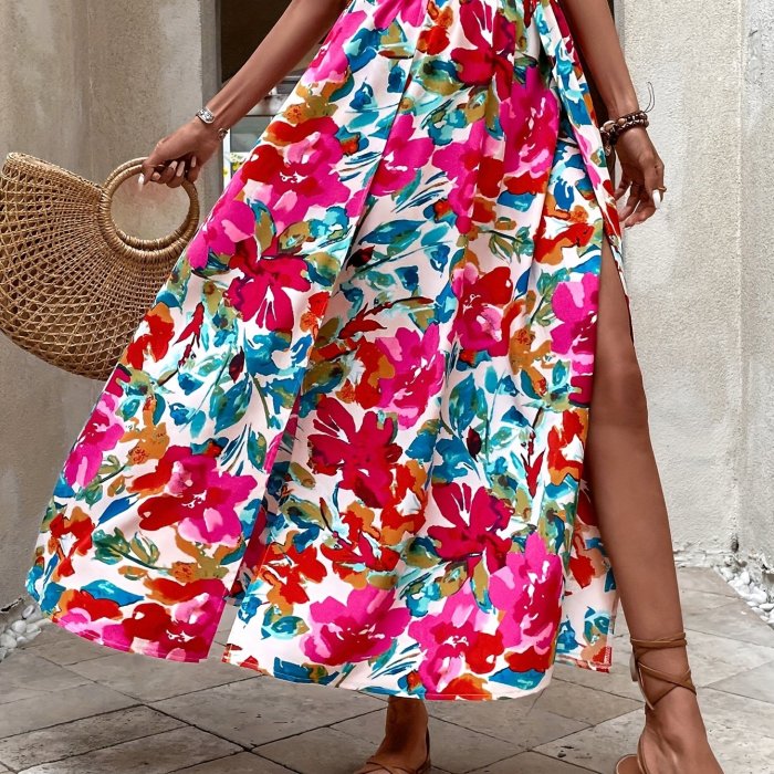 Women's Vibrant Tropical Floral Print High-Waisted Maxi Skirt with Front Slit - Casual Summer Skirt, Machine Washable Polyester, Lightweight & Flowy Design