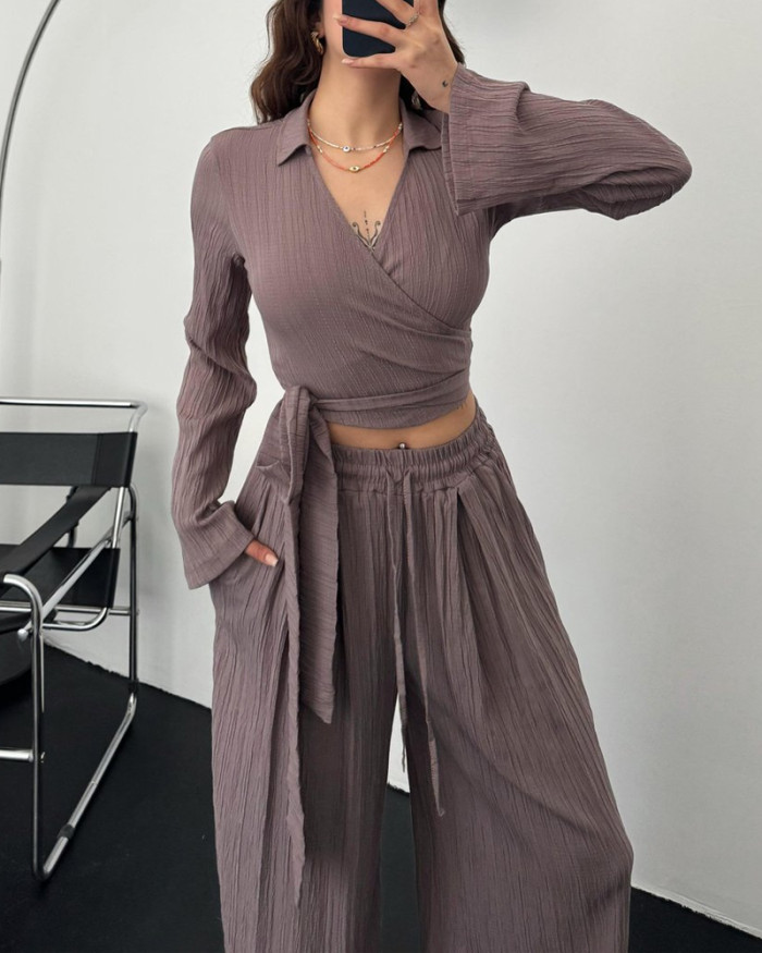 Casual Sauersucker Lace-Up Top & Pants Two-Piece Set