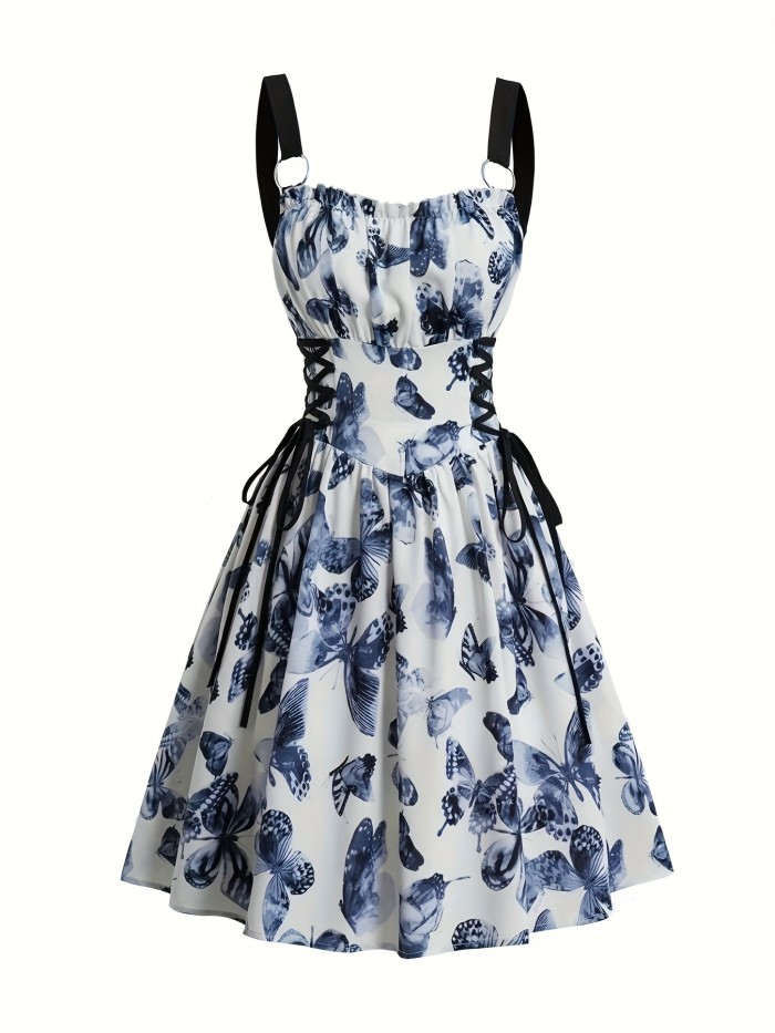 Women's White A-Line Midi Dress - Sleeveless, Lightweight Polyester, Lace-Up Waist, O-Ring Shoulders, Blue Butterfly Pattern, Perfect for Spring\u002FSummer Parties
