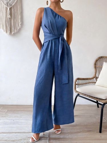 Women'S Long Jumpsuit with a Casual Summer Design, Featuring a One-Shoulder Style, a Belted Waist, And a Wide-Leg Denim Look.