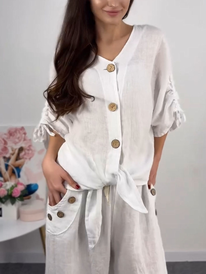 Button design cotton and linen two-piece set