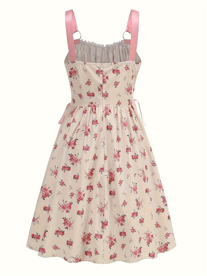 Elegant Floral A-Line Dress for Women - Light Beige with Pink Print, Adjustable Spaghetti Straps, Tummy Control, Zipper Back