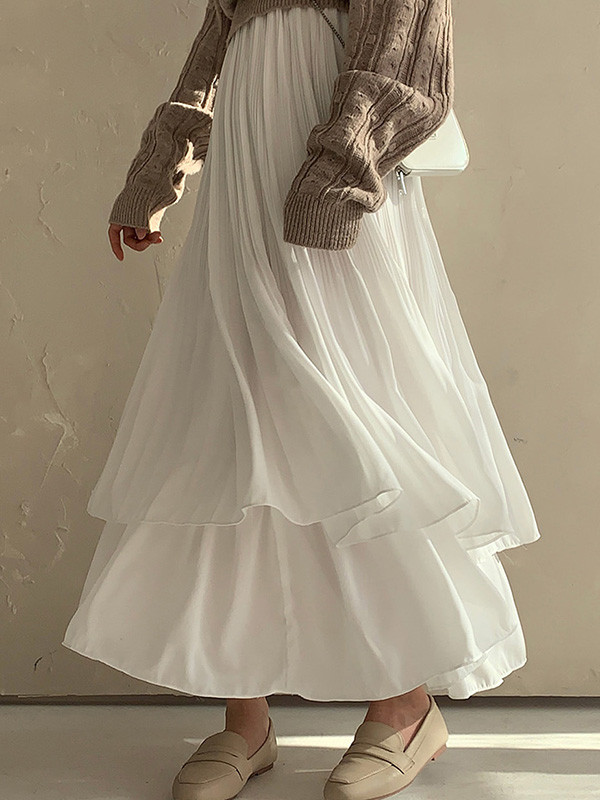 Double Layered Pleated Solid Color A-Line Loose Skirts Bottoms