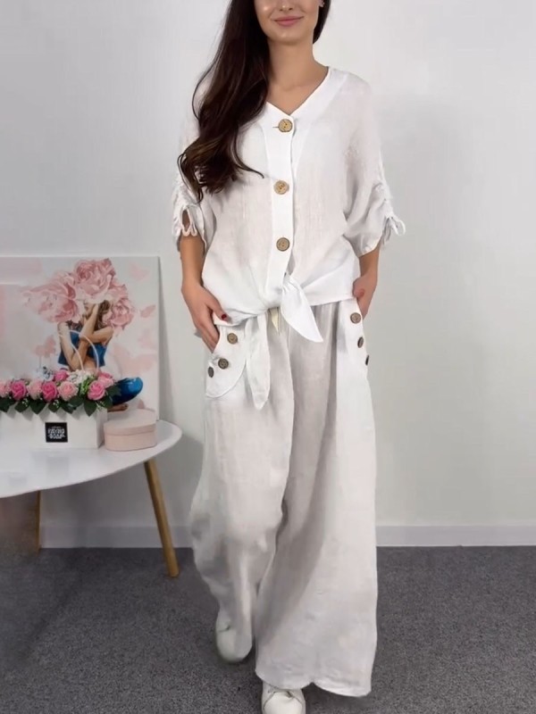 Button design cotton and linen two-piece set