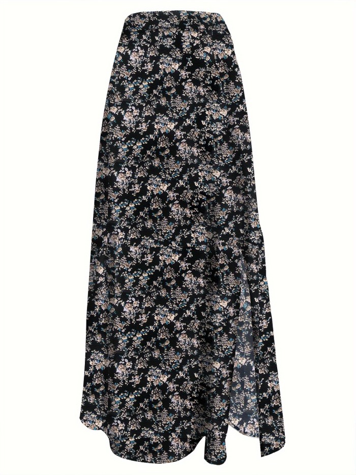 Elegant Floral Print High-Waisted Skirt with Side Slit - Women's Polyester Fashion, Machine Washable, Ideal for Spring\u002FSummer, Spring Summer Fashion|Floral Midi Skirt|Vibrant Floral Print