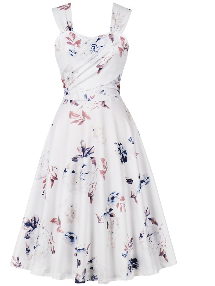 Women'S Elegant Sleeveless Midi Dress, Floral Print Polyester Slip with Notched Collar, Regular Fit & Flared Hem, 210g\u002Fm² Woven Fabric, Spring\u002FSummer\u002FFall Collection