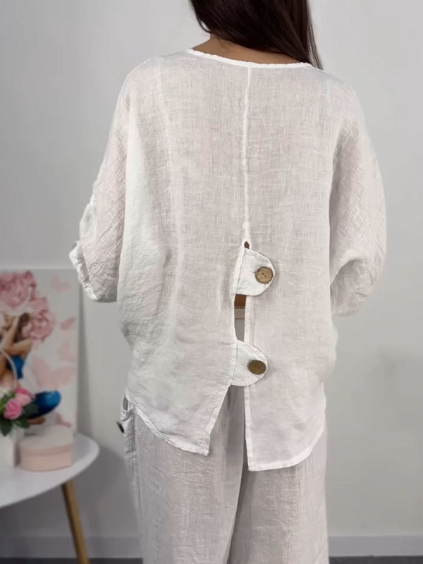 Button design cotton and linen two-piece set
