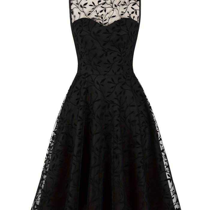 1pc Vintage Style Women'S Sleeveless Round Neck Floral Lace Swing Dress - Embroidered A-Line Mid-Length Polyester & Spandex Summer Party Dress