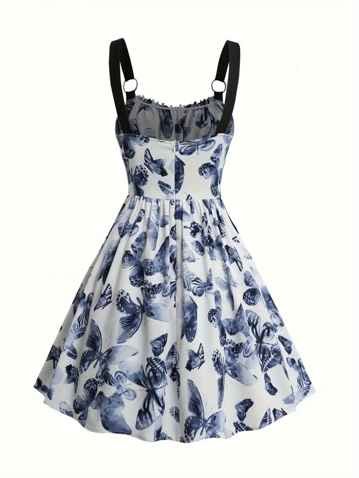 Women's White A-Line Midi Dress - Sleeveless, Lightweight Polyester, Lace-Up Waist, O-Ring Shoulders, Blue Butterfly Pattern, Perfect for Spring\u002FSummer Parties