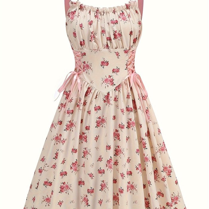 Elegant Floral A-Line Dress for Women - Light Beige with Pink Print, Adjustable Spaghetti Straps, Tummy Control, Zipper Back