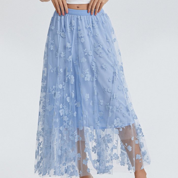 Women'S Midi Skirt French Elegant Elastic Waist Velvet Floral A-Line Mesh Skirt for Spring Fall