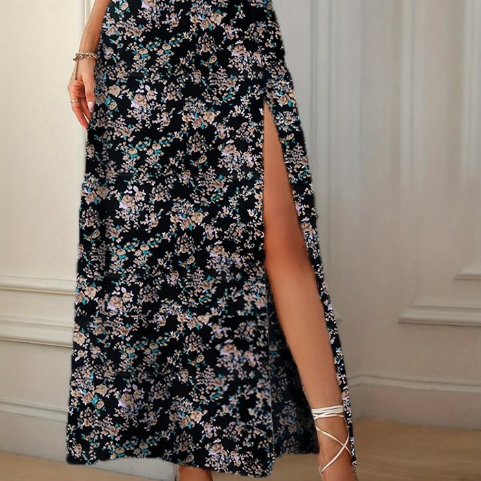 Elegant Floral Print High-Waisted Skirt with Side Slit - Women's Polyester Fashion, Machine Washable, Ideal for Spring\u002FSummer, Spring Summer Fashion|Floral Midi Skirt|Vibrant Floral Print