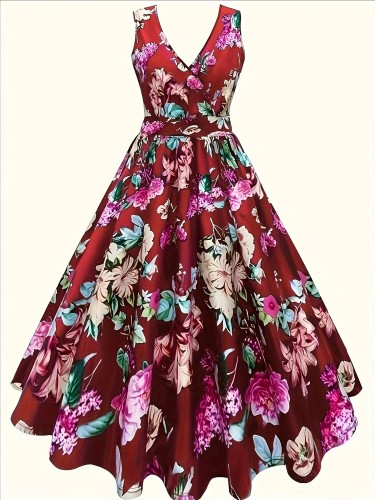 Elegant Sleeveless A-line Floral Print Tank Dress - V Neck, Spring & Summer, Women's Clothing