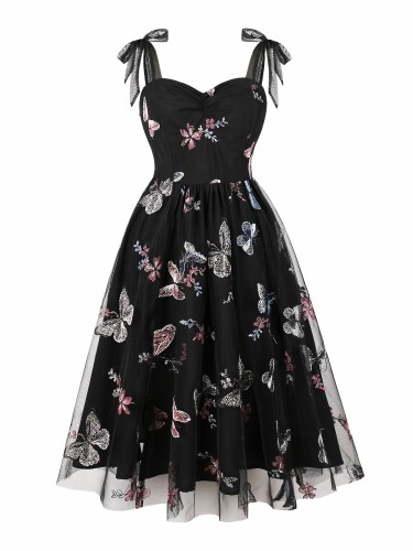 Elegant French-Inspired Pink Tulle Dress with Embroidered Butterfly Detail, Knee-Length, Sleeveless with Bow Tie Waist - Polyester & Spandex Blend, Machine Washable