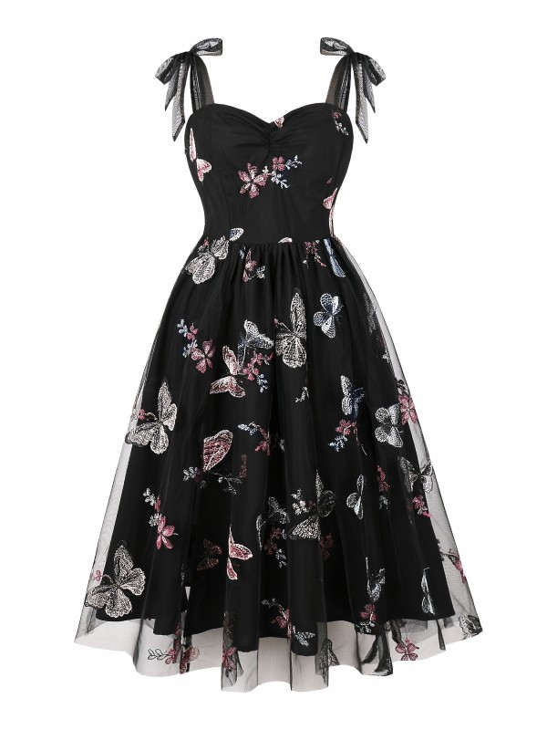 Elegant French-Inspired Pink Tulle Dress with Embroidered Butterfly Detail, Knee-Length, Sleeveless with Bow Tie Waist - Polyester & Spandex Blend, Machine Washable
