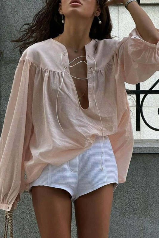 Casual Solid Color Lace Up O Neck Blouses