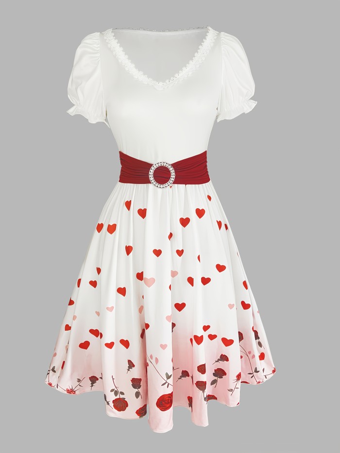 Elegant Vintage Heart and Rose Print Dress for Women with Lace Detail, Puff Sleeves, and Sweetheart Neckline - Ideal for Valentine's Day and Parties, Floral Print Dress