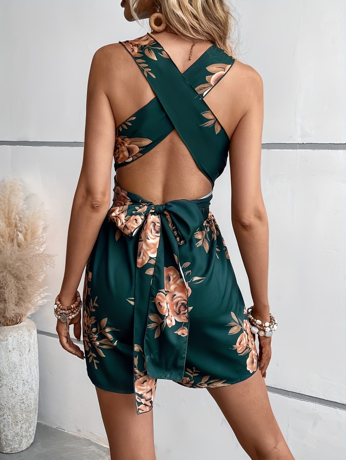 Holiday Sleeveless Floral Print Lace Up Romper Jumpsuit - Women's Clothing