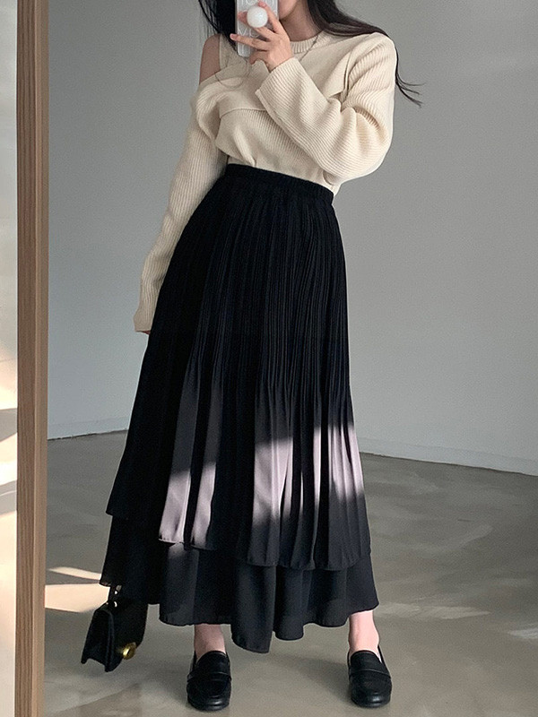 Double Layered Pleated Solid Color A-Line Loose Skirts Bottoms