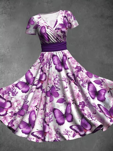 Vibrant Butterfly Print Dress Vibrant Plus Size Butterfly Print Cinched Waist Dress - Elegant V-Neck Short Sleeve Swing Dress for Women - Smooth Fabric Finish